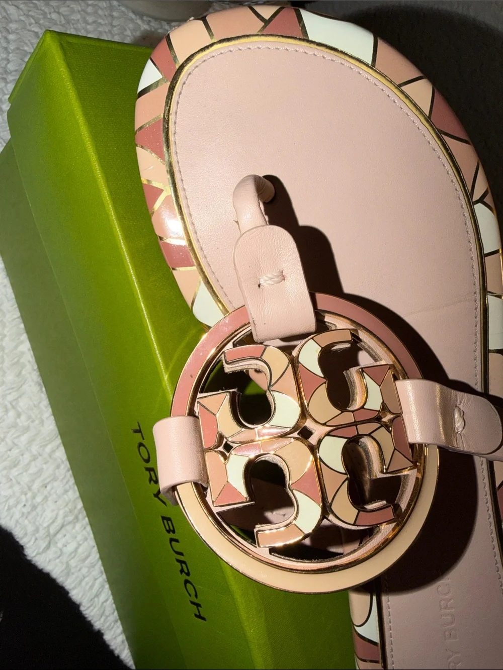 Tory Burch Blush Pink Miller Logo Thong Sandals with Patterned Trim